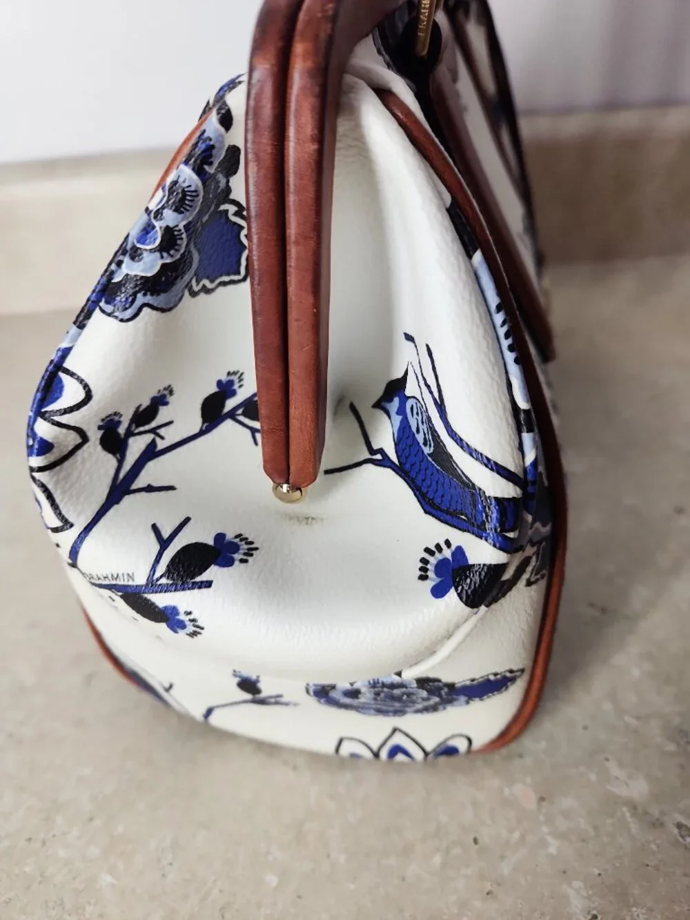 Brahmin Frame Satchel Blue Delft floral birds print hand bag classic rare - Picture 9 of 16